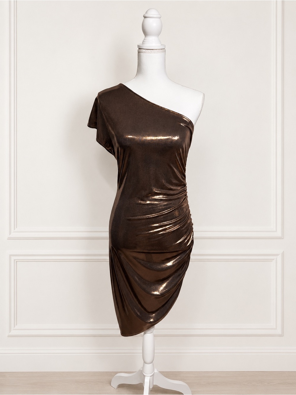 Bronze Metallic One Shoulder Ruched Bodycon Midi Cocktail Dress